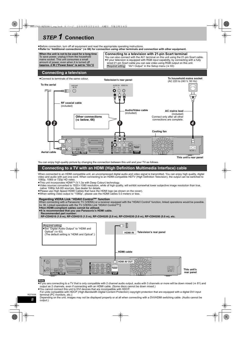 Step, Connection, Connecting a television | Regarding viera link “hdavi control, Function, Other connections ( > below, 66) | Panasonic DMR-EX79 User Manual | Page 8 / 84