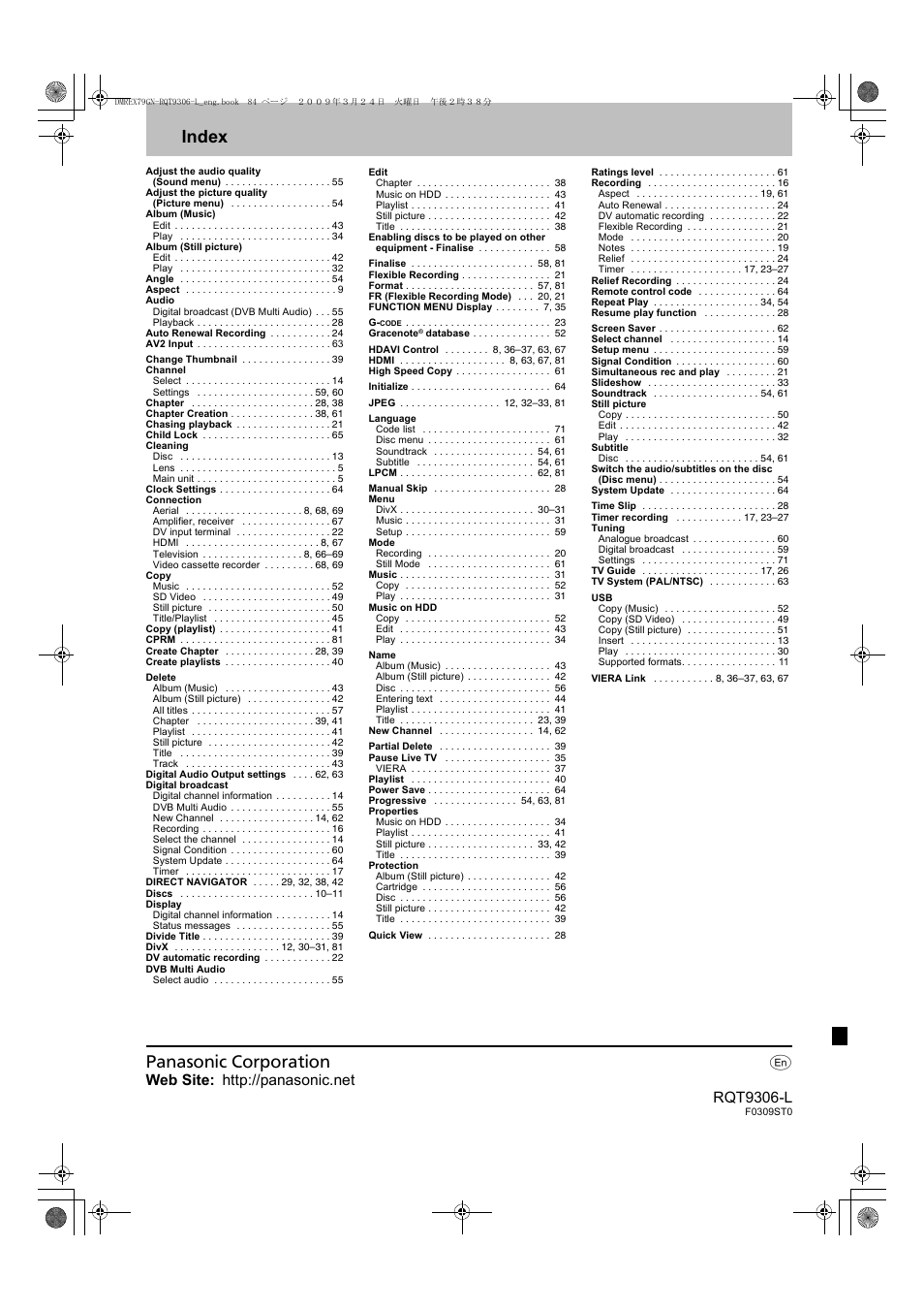 Index | Panasonic DMR-EX79 User Manual | Page 84 / 84