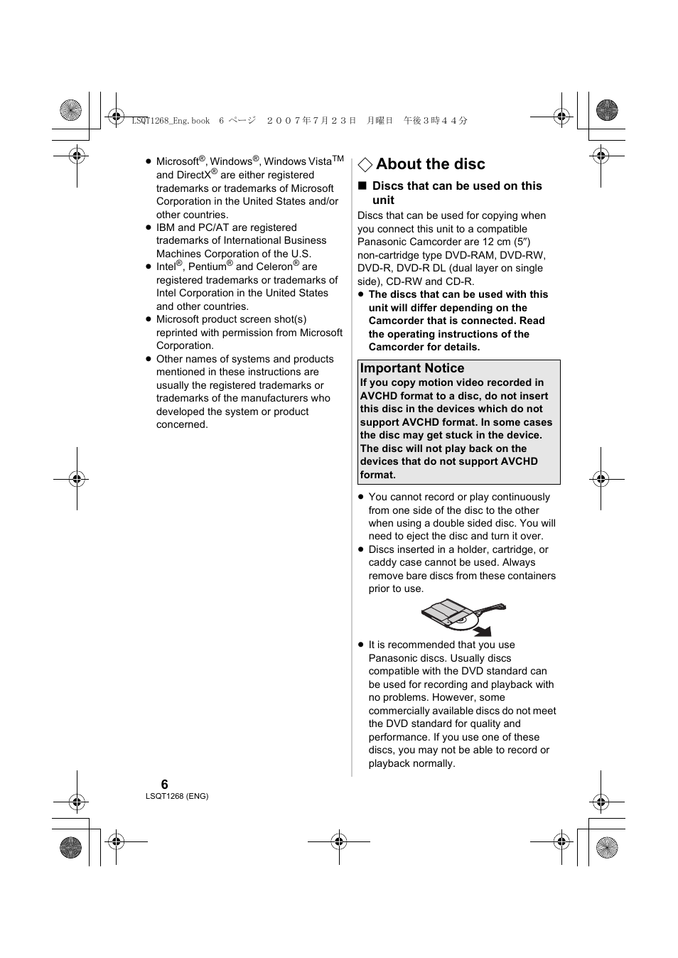 About the disc, Important notice | Panasonic VW-BN1 User Manual | Page 6 / 24