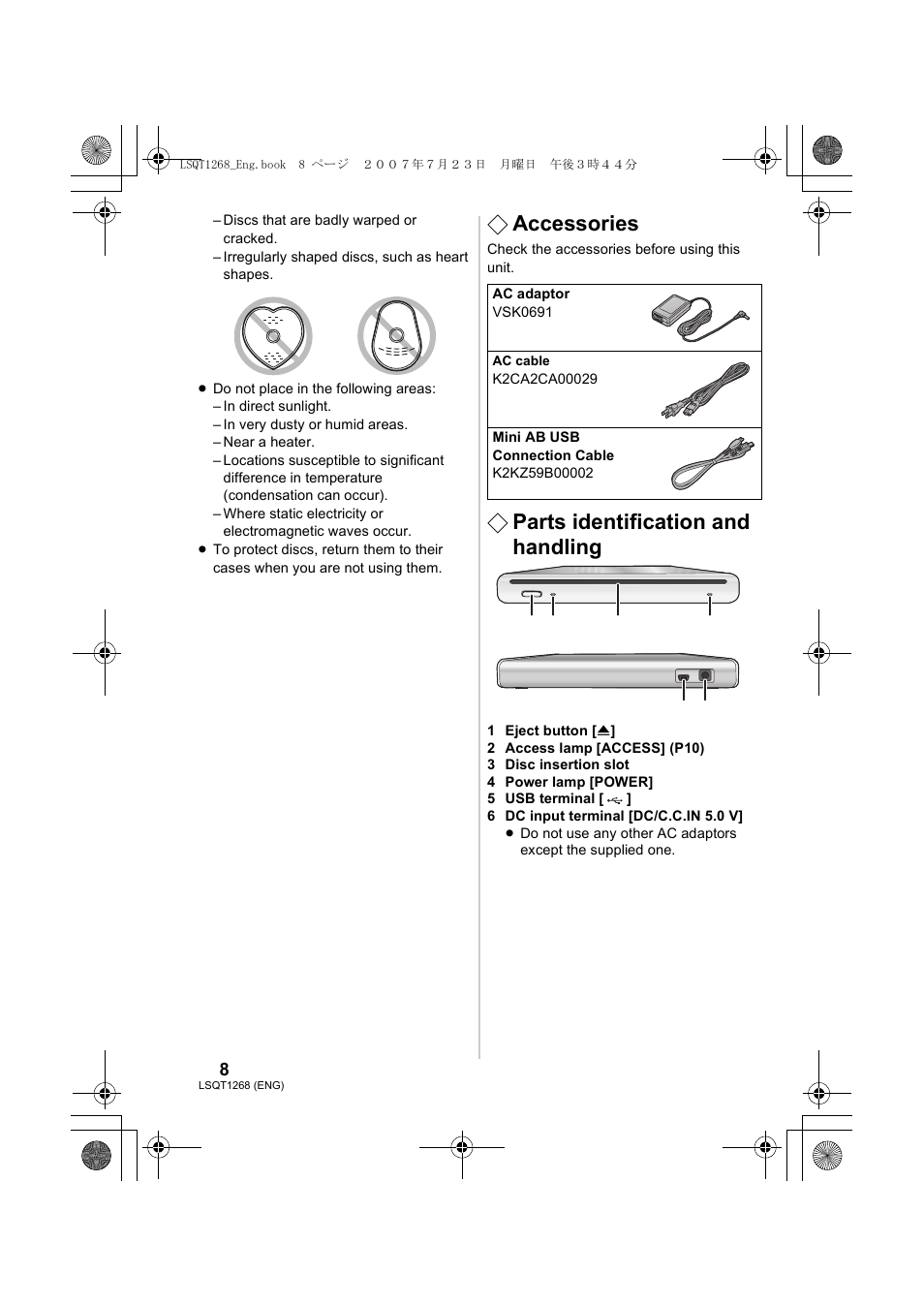 Accessories, Parts identification and handling | Panasonic VW-BN1 User Manual | Page 8 / 24