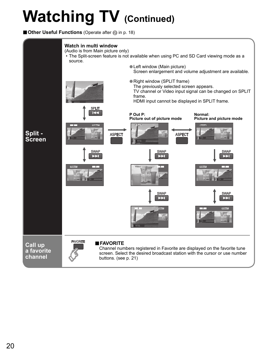 Watching tv, Continued), Split - screen | Call up a favorite channel | Panasonic VIVA TH-65PZ750U User Manual | Page 20 / 73