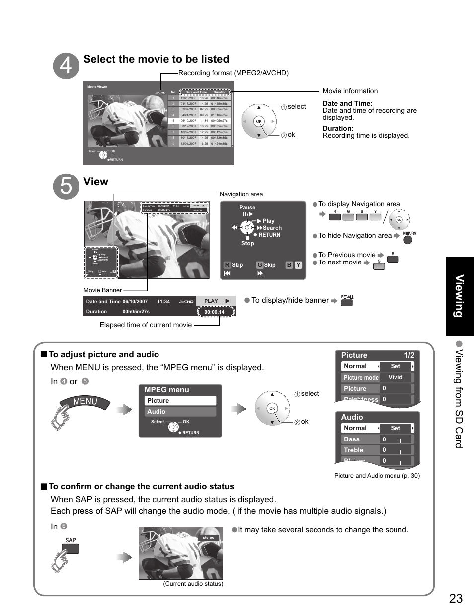 Viewing, Select the movie to be listed, View | Viewing from sd card, When menu is pressed, the “mpeg menu” is displayed | Panasonic VIVA TH-65PZ750U User Manual | Page 23 / 73