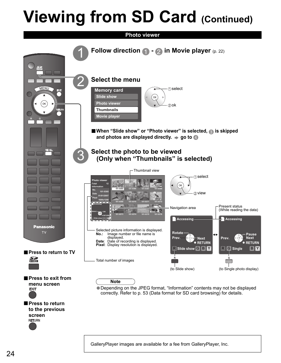 Viewing from sd card, Continued), Select the menu | Follow direction - in movie player, Photo viewer | Panasonic VIVA TH-65PZ750U User Manual | Page 24 / 73