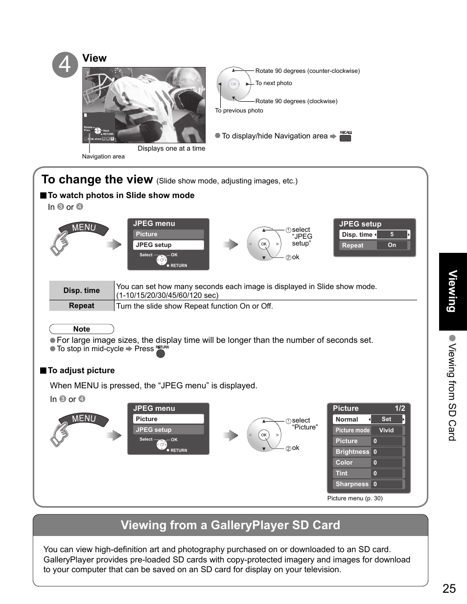 Viewing from a galleryplayer sd card, Viewing, View | Viewing from sd card | Panasonic VIVA TH-65PZ750U User Manual | Page 25 / 73