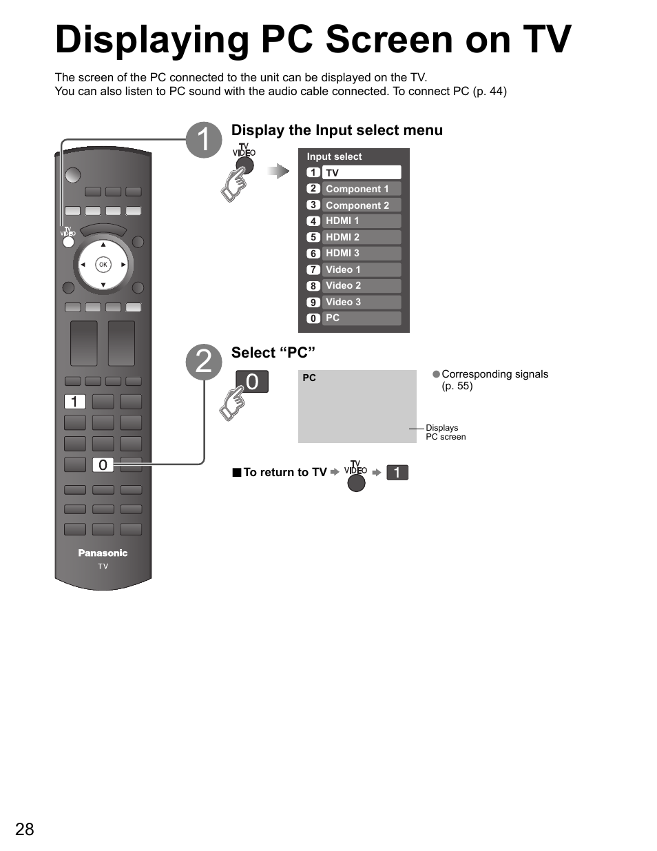Displaying pc screen on the tv, Displaying pc screen on tv | Panasonic VIVA TH-65PZ750U User Manual | Page 28 / 73