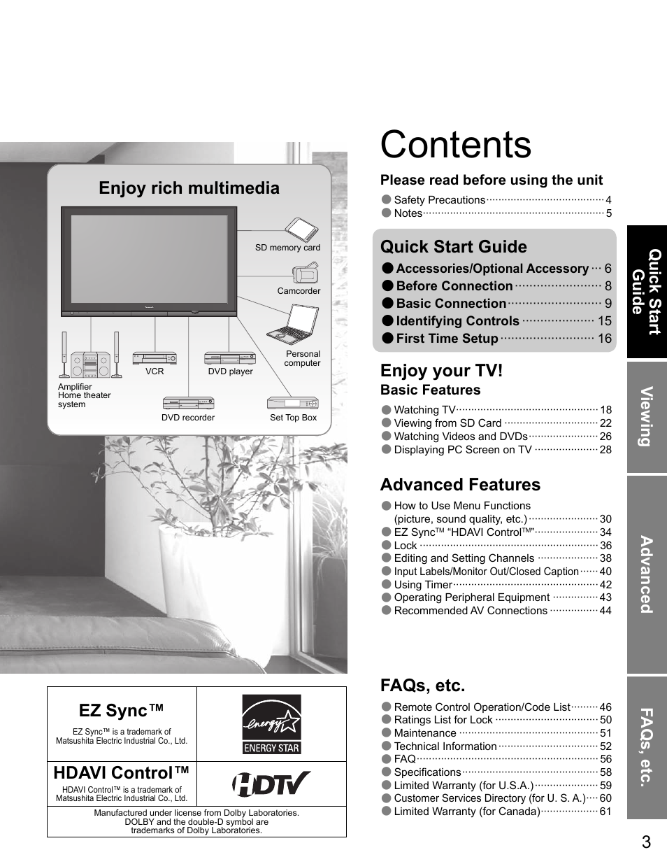 Panasonic VIVA TH-65PZ750U User Manual | Page 3 / 73