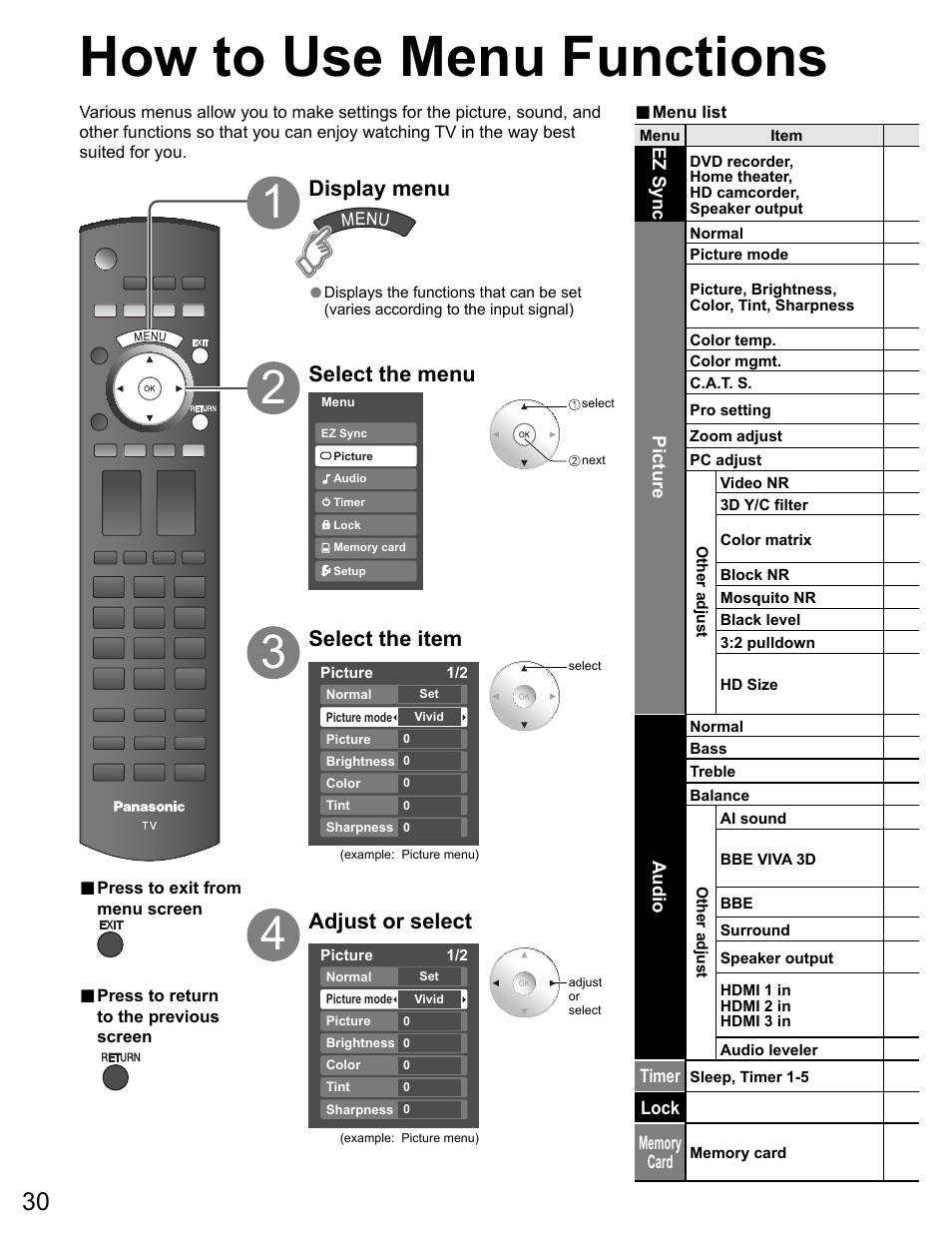 Menu functions, Navigating the menus, Lit of menu items | How to use menu functions, Select the menu select the item, Adjust or select, Display menu | Panasonic VIVA TH-65PZ750U User Manual | Page 30 / 73