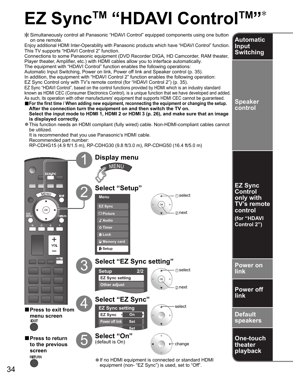 Ez sync hdavi control, Ez sync, Hdavi control | Panasonic VIVA TH-65PZ750U User Manual | Page 34 / 73