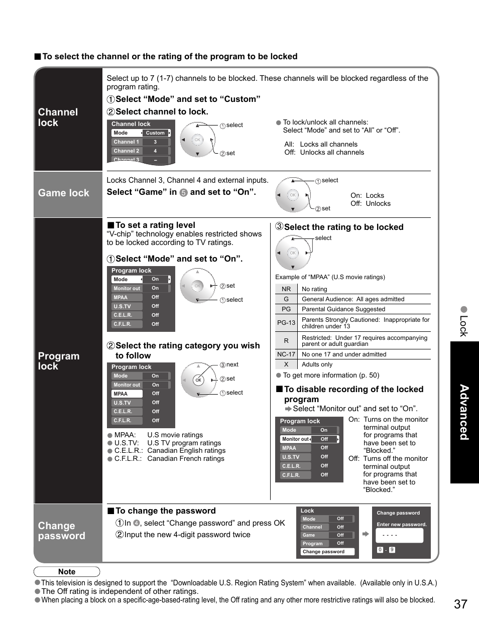 Advanced, Lock, Channel lock program lock | Game lock, Change password | Panasonic VIVA TH-65PZ750U User Manual | Page 37 / 73