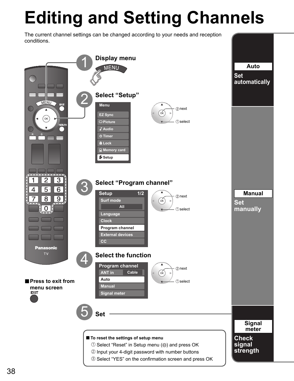 Programming channels, Editing and setting channels | Panasonic VIVA TH-65PZ750U User Manual | Page 38 / 73