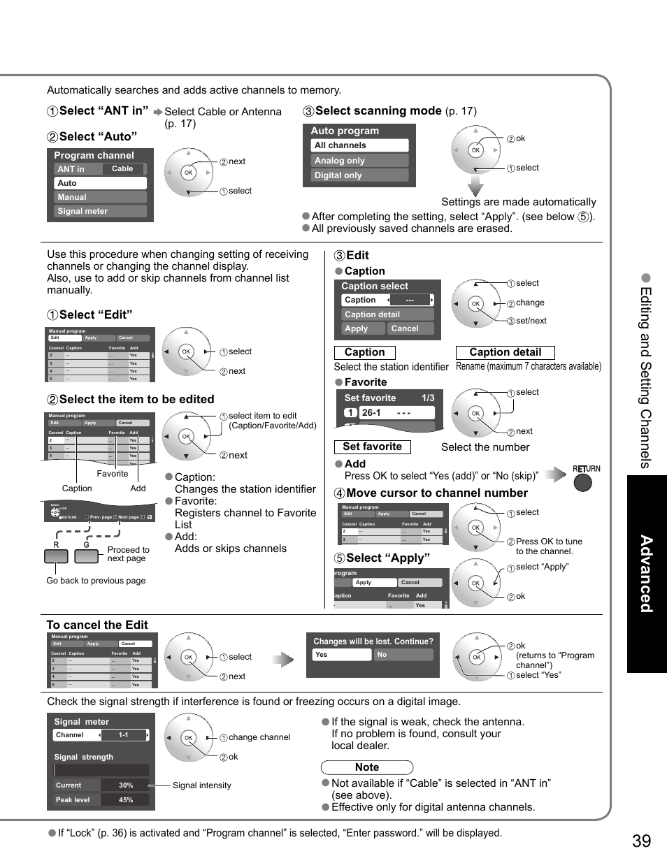 Advanced, Editing and setting channels, Select “ant in” select “auto | Select “edit” edit, Select the item to be edited, Select “apply, Select scanning mode, Move cursor to channel number, Favorite, Caption | Panasonic VIVA TH-65PZ750U User Manual | Page 39 / 73