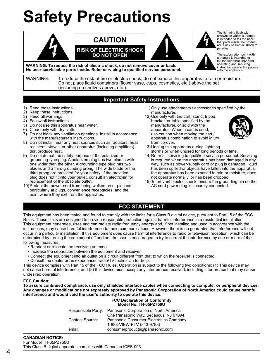 Safety precautions, Caution, Important safety instructions | Fcc statement | Panasonic VIVA TH-65PZ750U User Manual | Page 4 / 73
