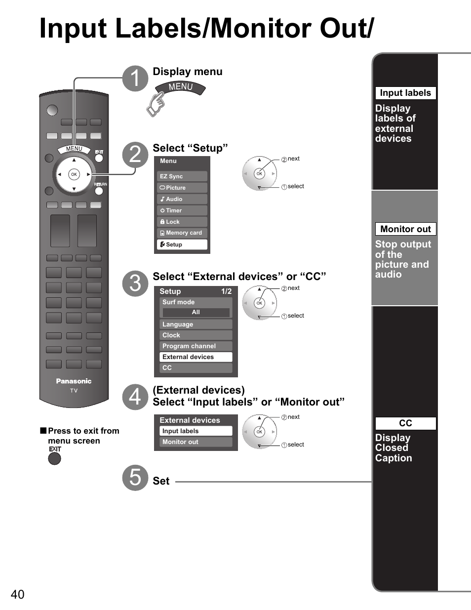 Input labels / monitor out, Input labels/monitor out | Panasonic VIVA TH-65PZ750U User Manual | Page 40 / 73