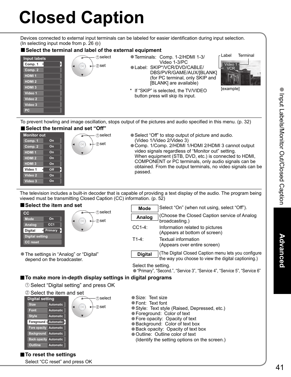 Closed captions, Closed caption, Advanced | Panasonic VIVA TH-65PZ750U User Manual | Page 41 / 73