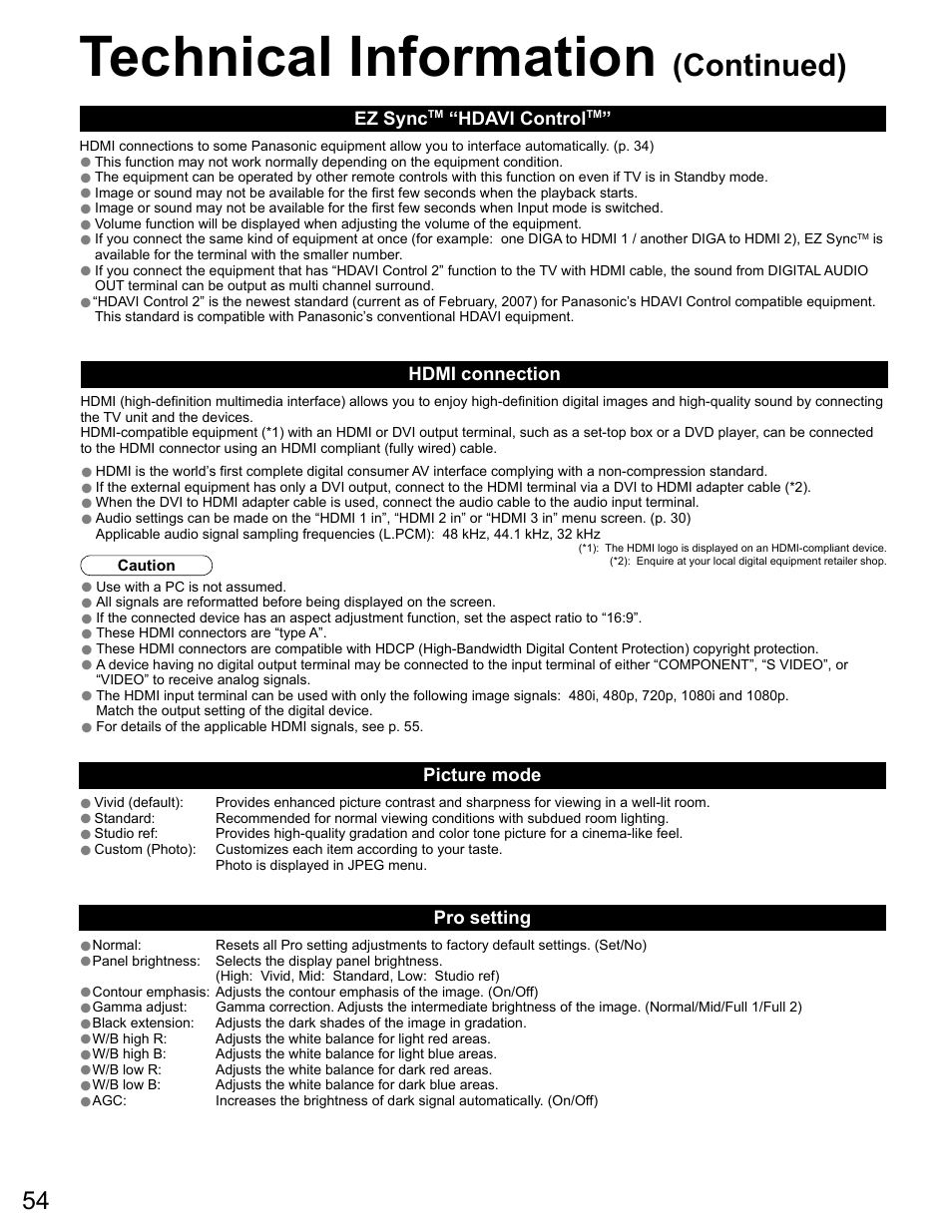 Hdavi control, Hdmi information, Technical information | Continued) | Panasonic VIVA TH-65PZ750U User Manual | Page 54 / 73