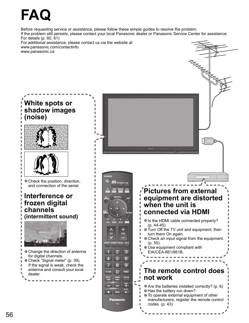 Faqs / troubleshooting, White spots or shadow images (noise), Interference or frozen digital channels | The remote control does not work | Panasonic VIVA TH-65PZ750U User Manual | Page 56 / 73