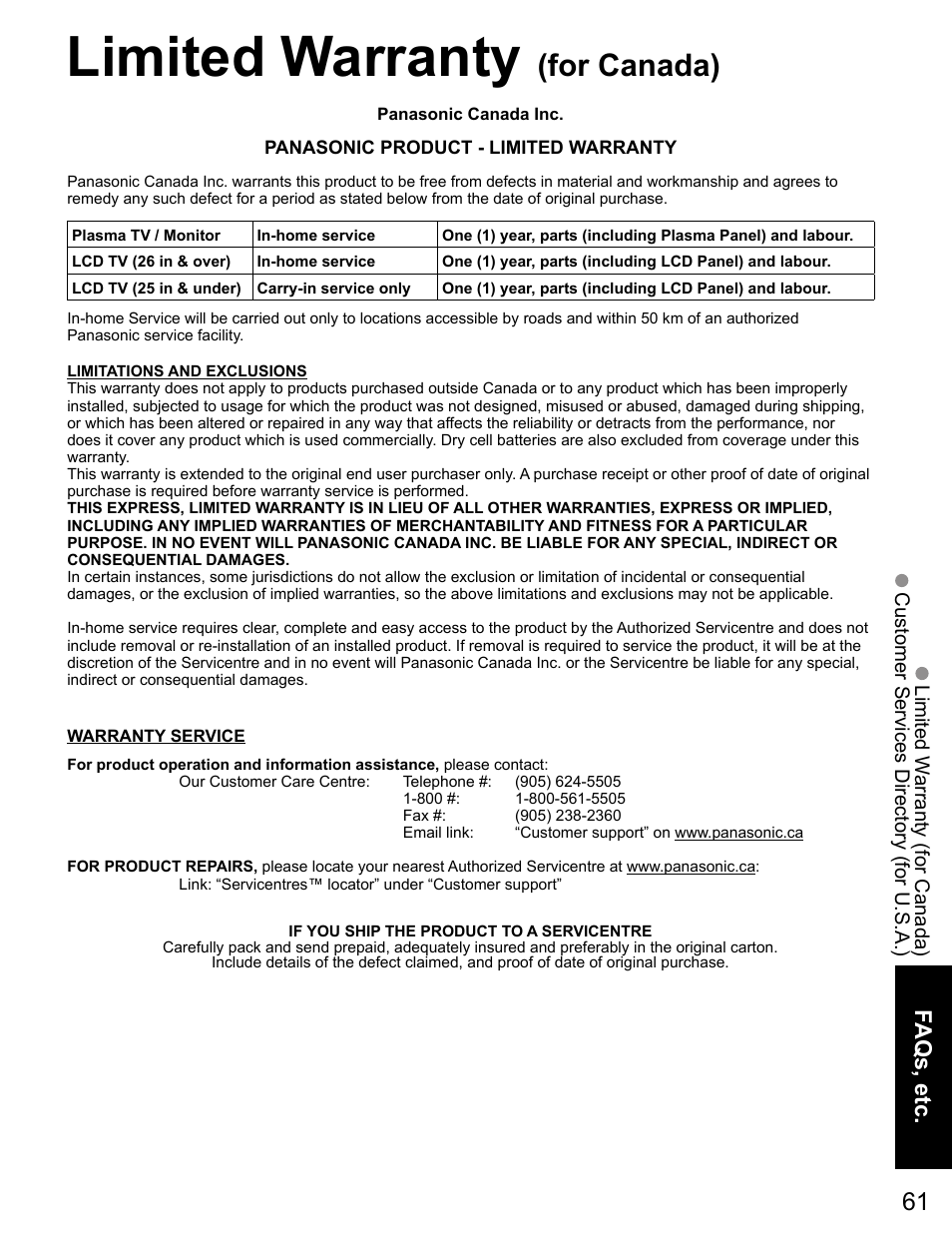 Limited warranty, For canada), Faqs, etc | Panasonic VIVA TH-65PZ750U User Manual | Page 61 / 73