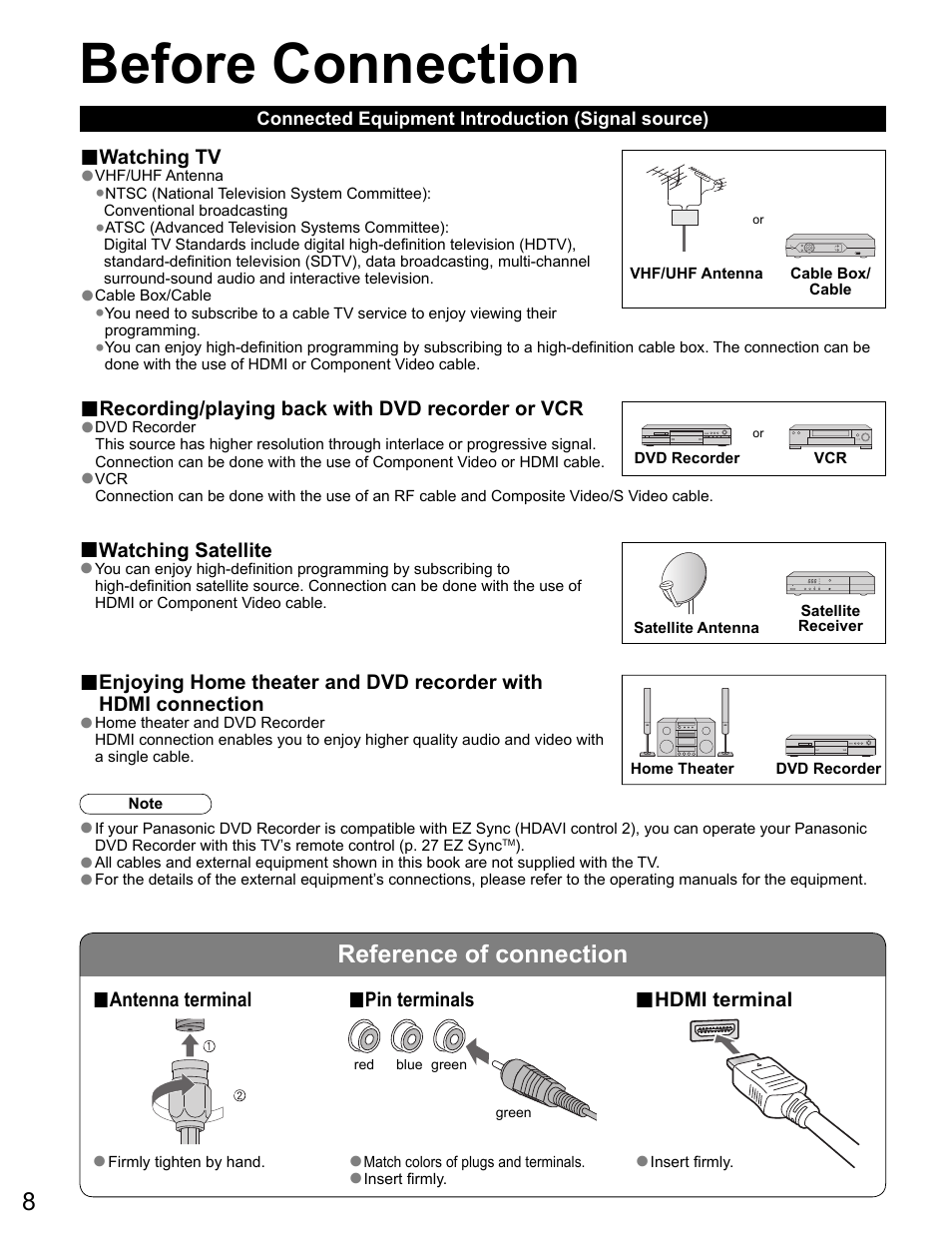 Connections, Before connection | Panasonic VIVA TH-65PZ750U User Manual | Page 8 / 73