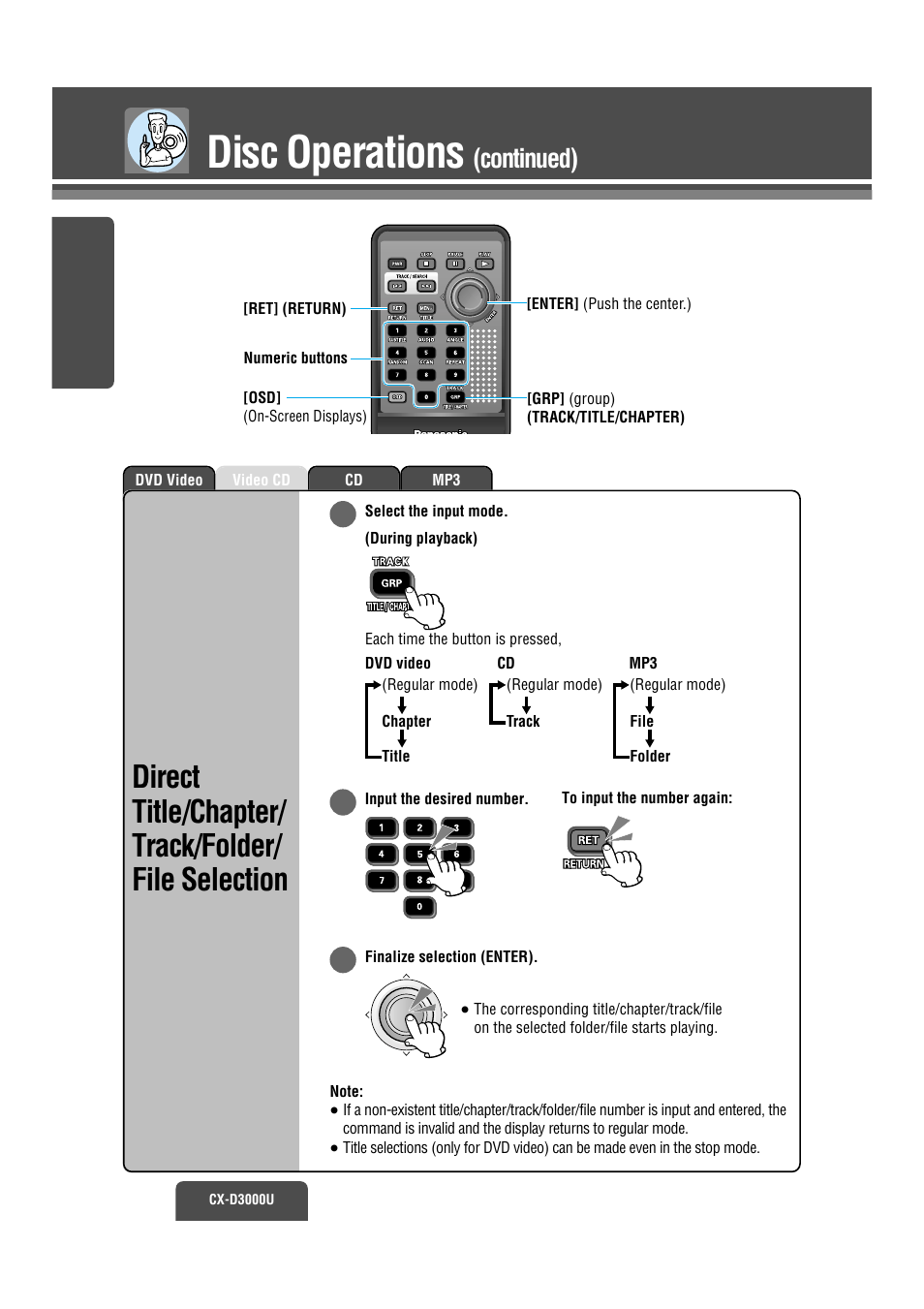 Disc operations, Direct title/chapter/ track/folder/ file selection, Continued) | Panasonic CX-D3000U User Manual | Page 13 / 50