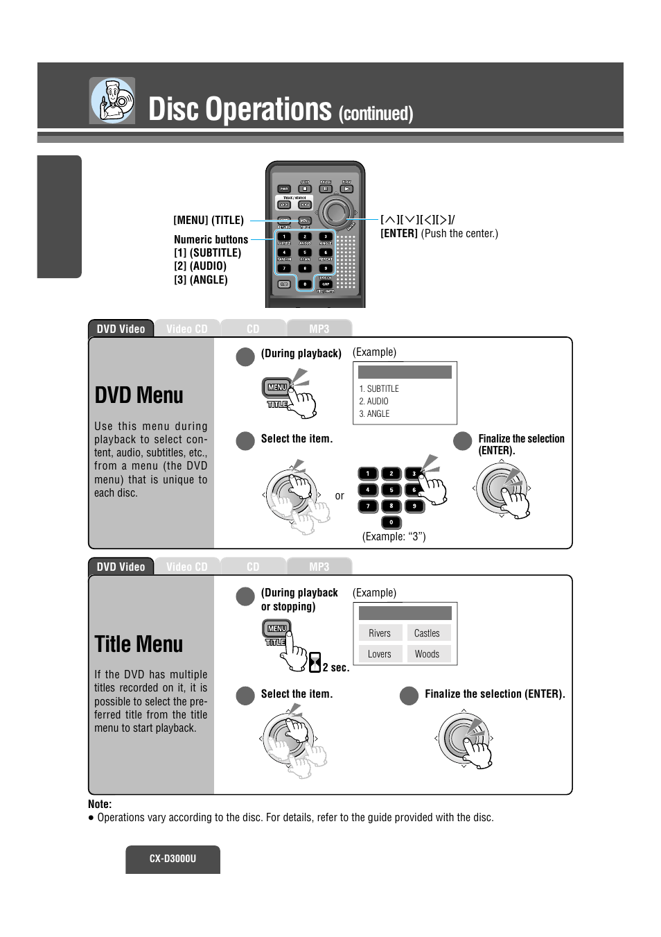 Dvd menu, Title menu, Disc operations | Continued) | Panasonic CX-D3000U User Manual | Page 15 / 50