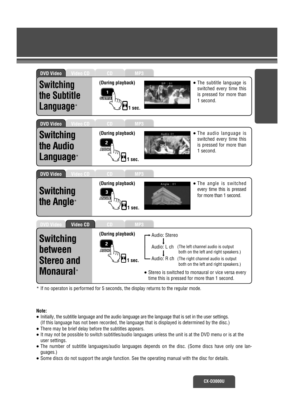 Subtitle / audio language, Angle, Stereo / mono | Switching the subtitle language, Switching the audio language, Switching the angle, Switching between stereo and monaural | Panasonic CX-D3000U User Manual | Page 16 / 50