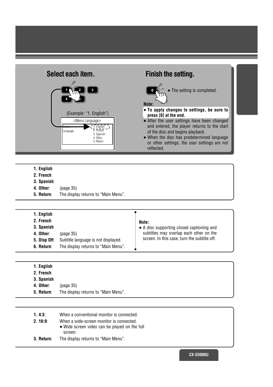 Select each item, Finish the setting | Panasonic CX-D3000U User Manual | Page 18 / 50