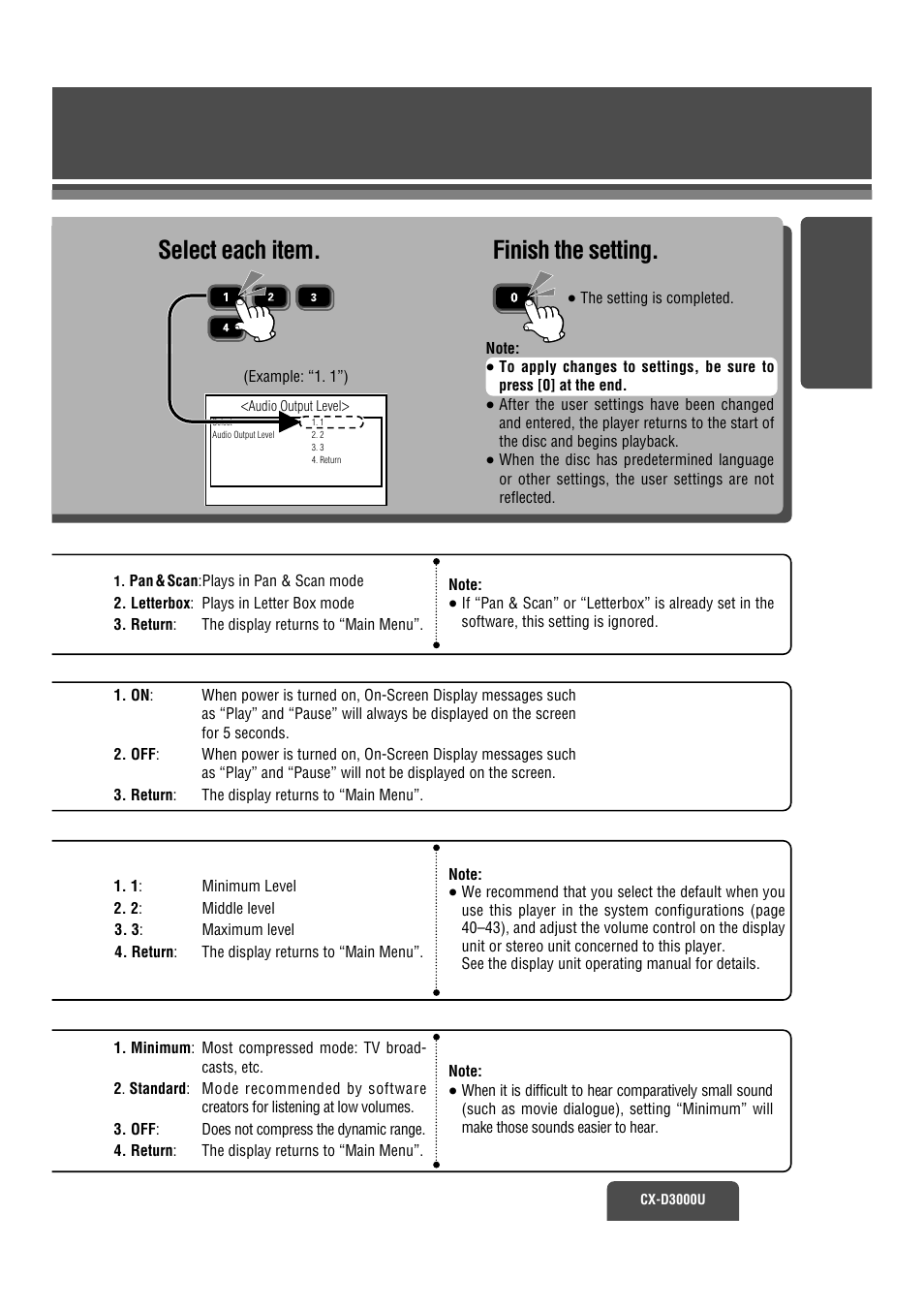 Select each item, Finish the setting | Panasonic CX-D3000U User Manual | Page 20 / 50