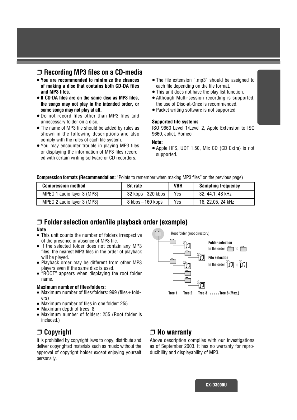 Copyright, No warranty | Panasonic CX-D3000U User Manual | Page 28 / 50