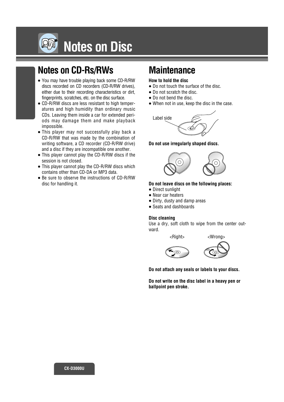 Disc info, Maintenance | Panasonic CX-D3000U User Manual | Page 29 / 50