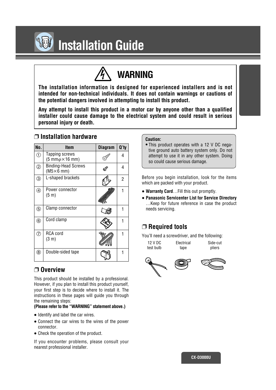 Installation guide, Supplied hardware, Warning | Installation hardware ❐ overview, Required tools | Panasonic CX-D3000U User Manual | Page 32 / 50