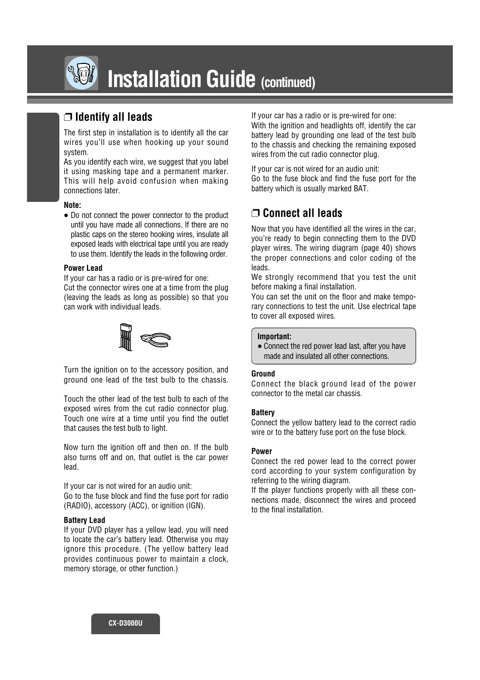 Installation guide, Continued), Identify all leads | Connect all leads | Panasonic CX-D3000U User Manual | Page 33 / 50