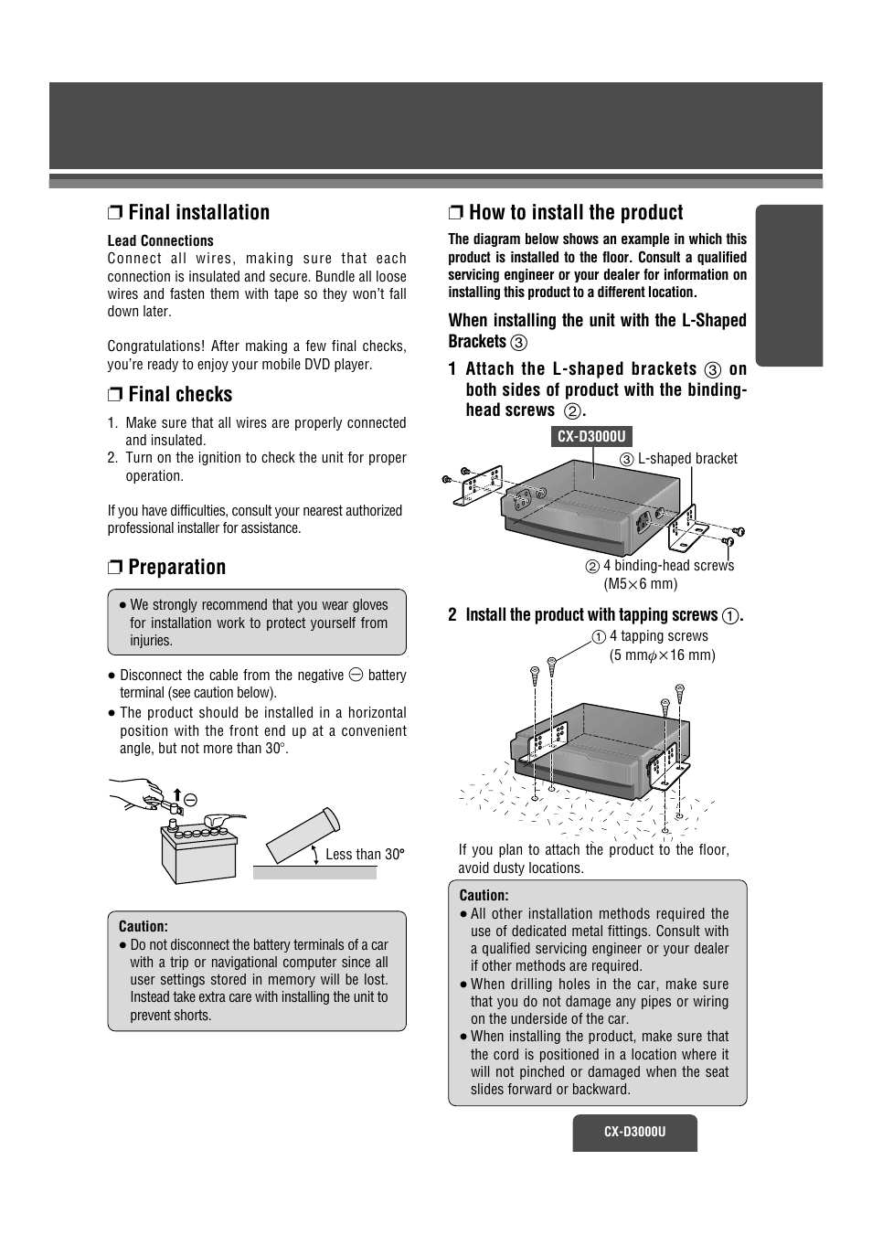 Mounting, How to install the product, Final installation | Final checks, Preparation | Panasonic CX-D3000U User Manual | Page 34 / 50