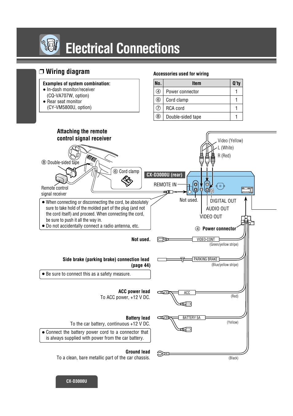 Wiring, Electrical connections, Wiring diagram | Panasonic CX-D3000U User Manual | Page 35 / 50