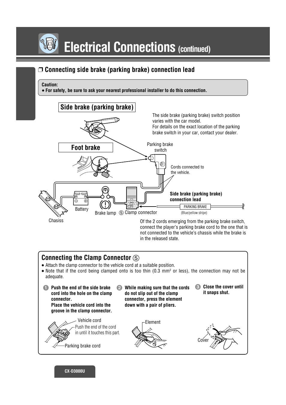 Connecting brake wire, Electrical connections, Continued) | Panasonic CX-D3000U User Manual | Page 39 / 50