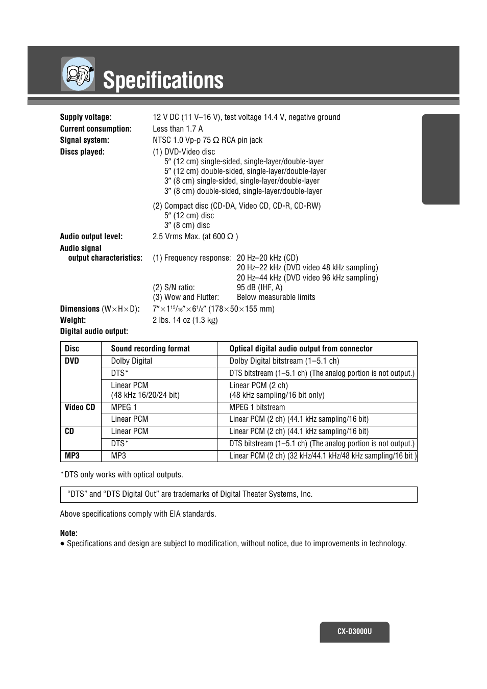 Specs, Specifications | Panasonic CX-D3000U User Manual | Page 40 / 50