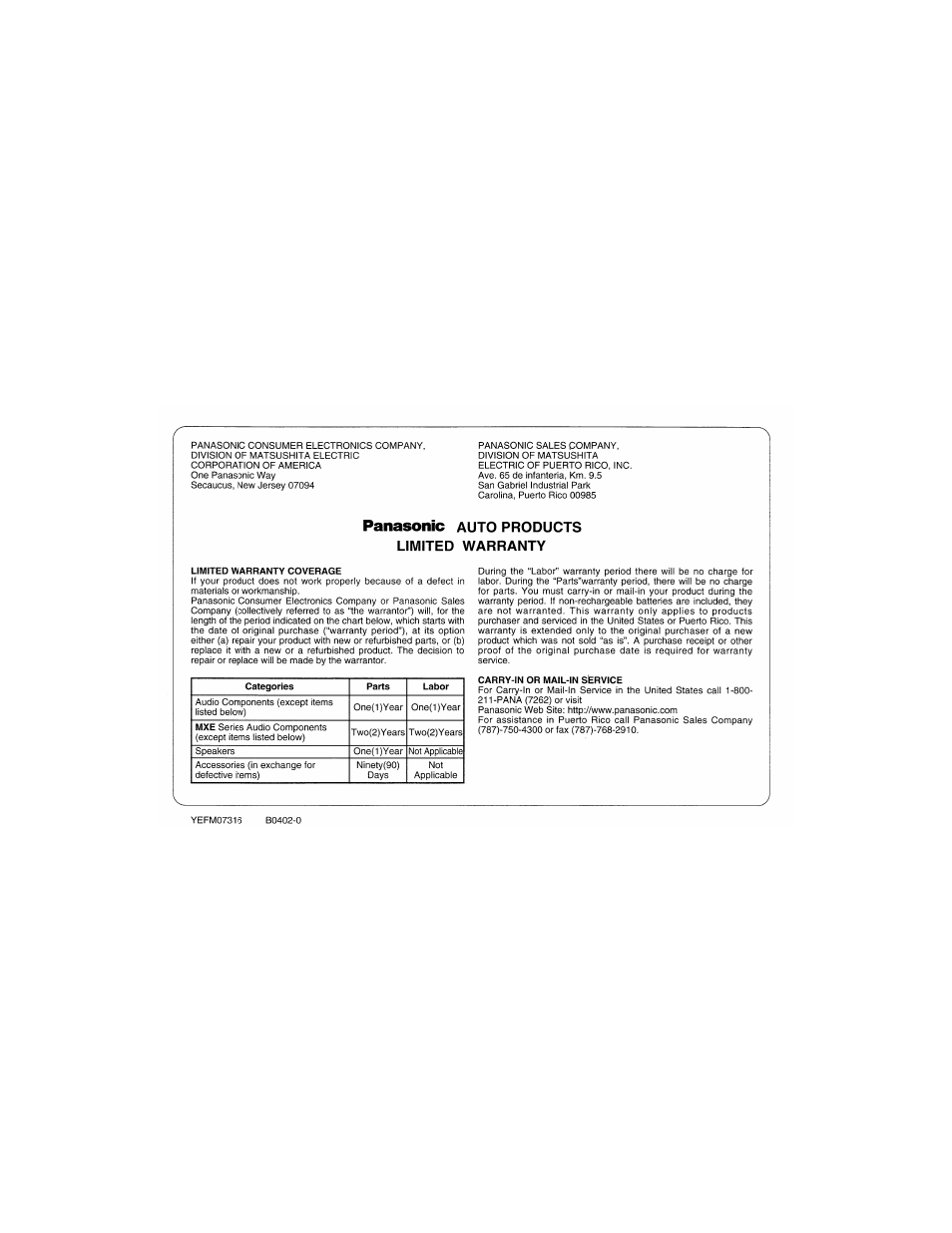 Warranty | Panasonic CX-D3000U User Manual | Page 46 / 50