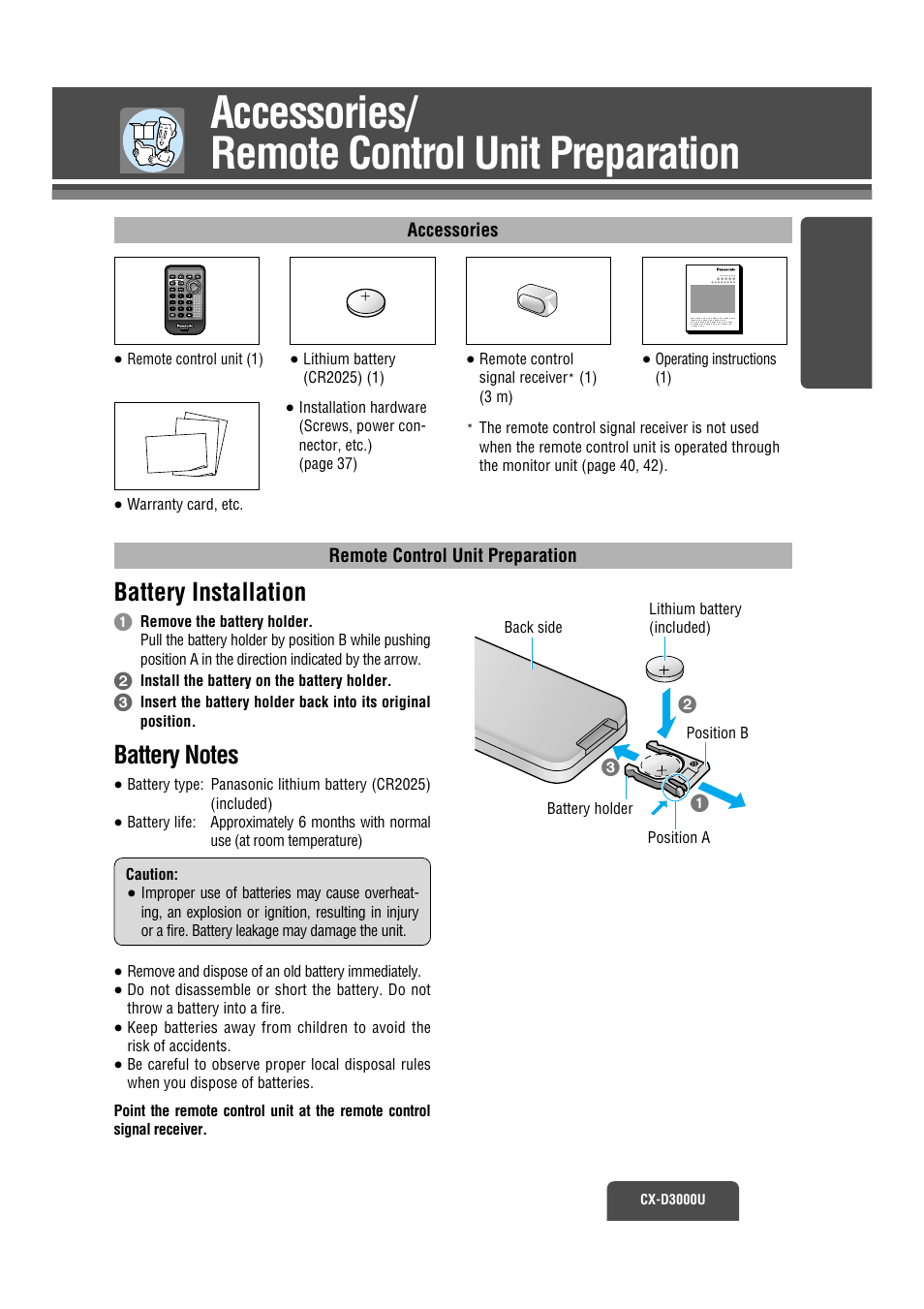 Supplied accessories, Installing battery for remote, Accessories/ remote control unit preparation | Battery installation | Panasonic CX-D3000U User Manual | Page 6 / 50