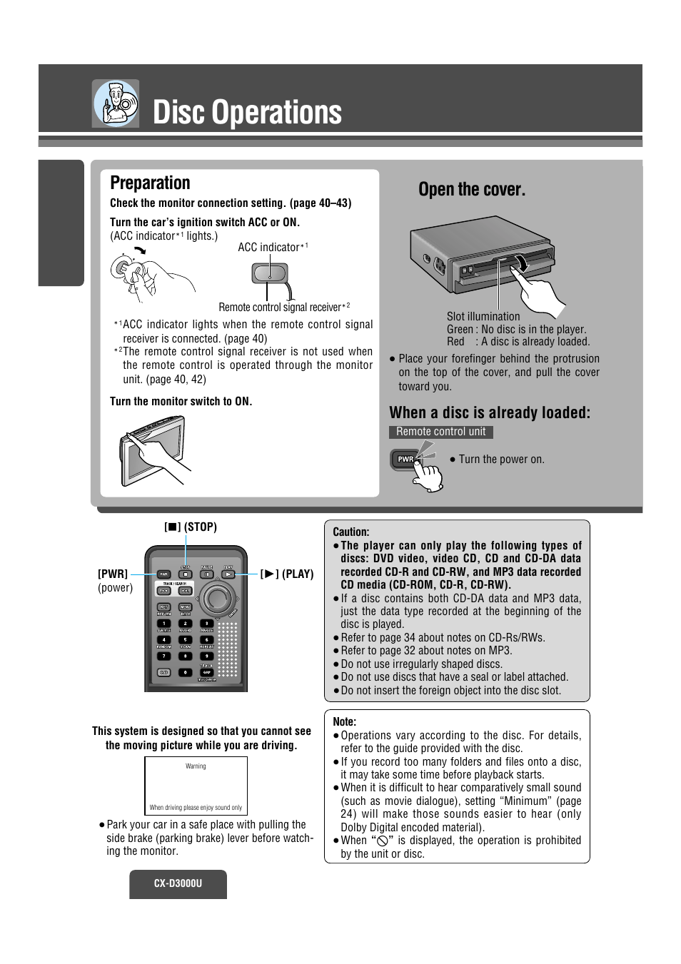 Disc operation, Loading discs, Disc operations | Open the cover, Preparation, When a disc is already loaded | Panasonic CX-D3000U User Manual | Page 7 / 50