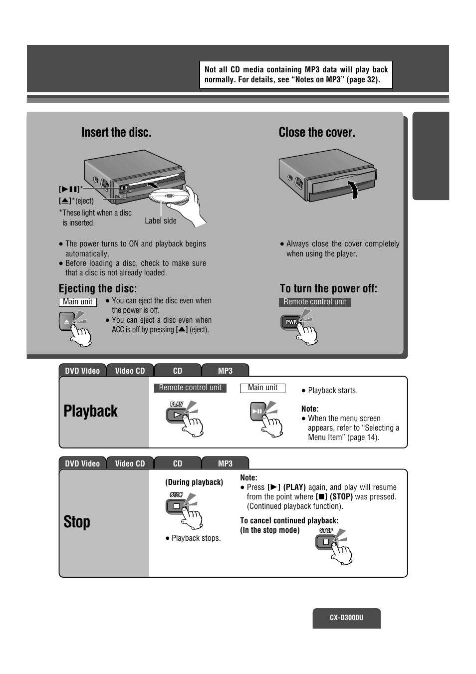 Playback, Playback stop, Insert the disc | Close the cover, Ejecting the disc: to turn the power off | Panasonic CX-D3000U User Manual | Page 8 / 50