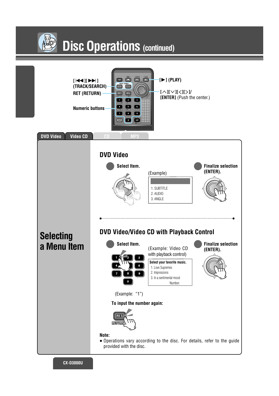 Selecting menu items, Disc operations, Selecting a menu item | Continued), Dvd video dvd video/video cd with playback control | Panasonic CX-D3000U User Manual | Page 9 / 50