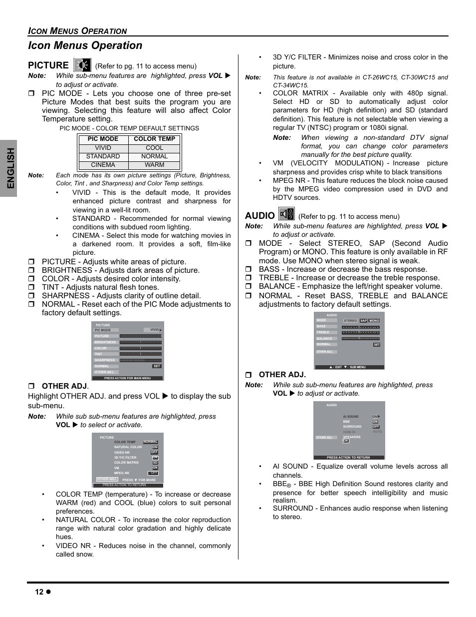 Icon menus operation, Picture, Audio | English, 12 z | Panasonic CT-26WC15 User Manual | Page 14 / 64