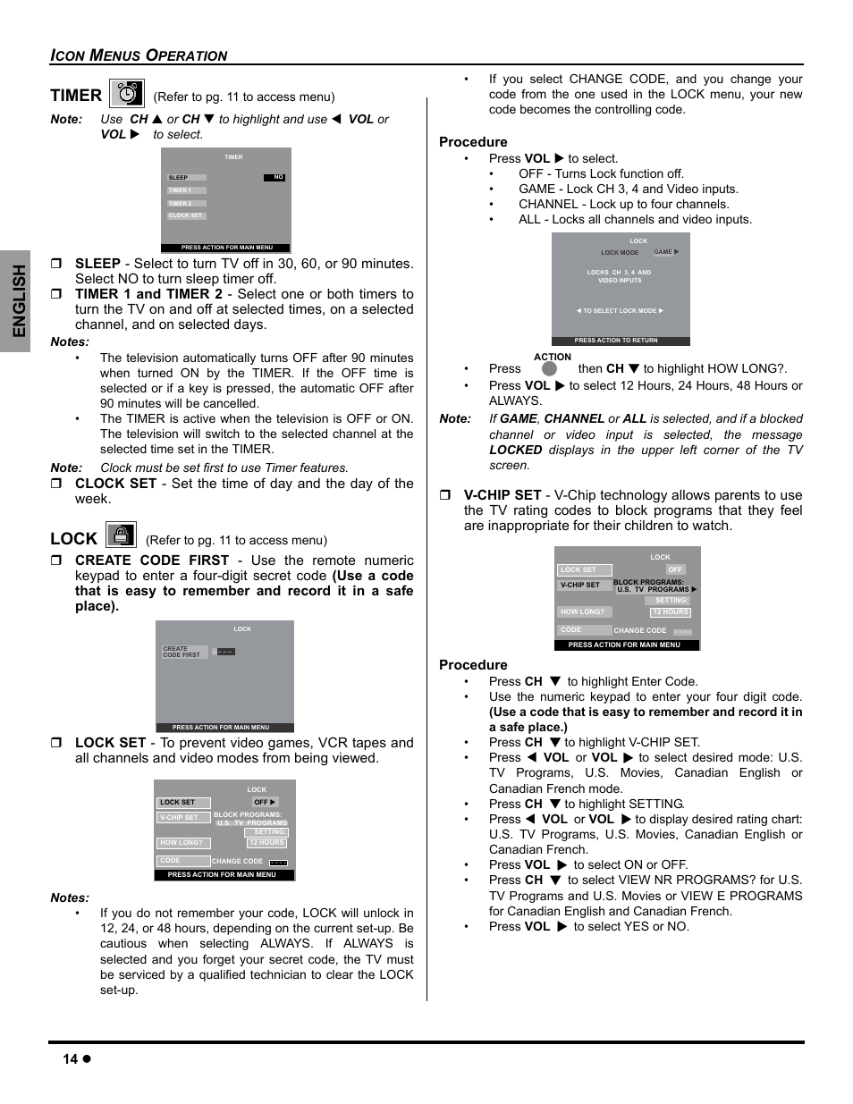 Timer, Lock, English timer | Panasonic CT-26WC15 User Manual | Page 16 / 64