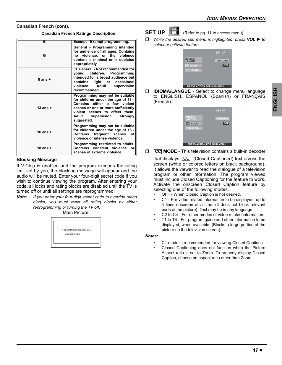 Set up, English | Panasonic CT-26WC15 User Manual | Page 19 / 64