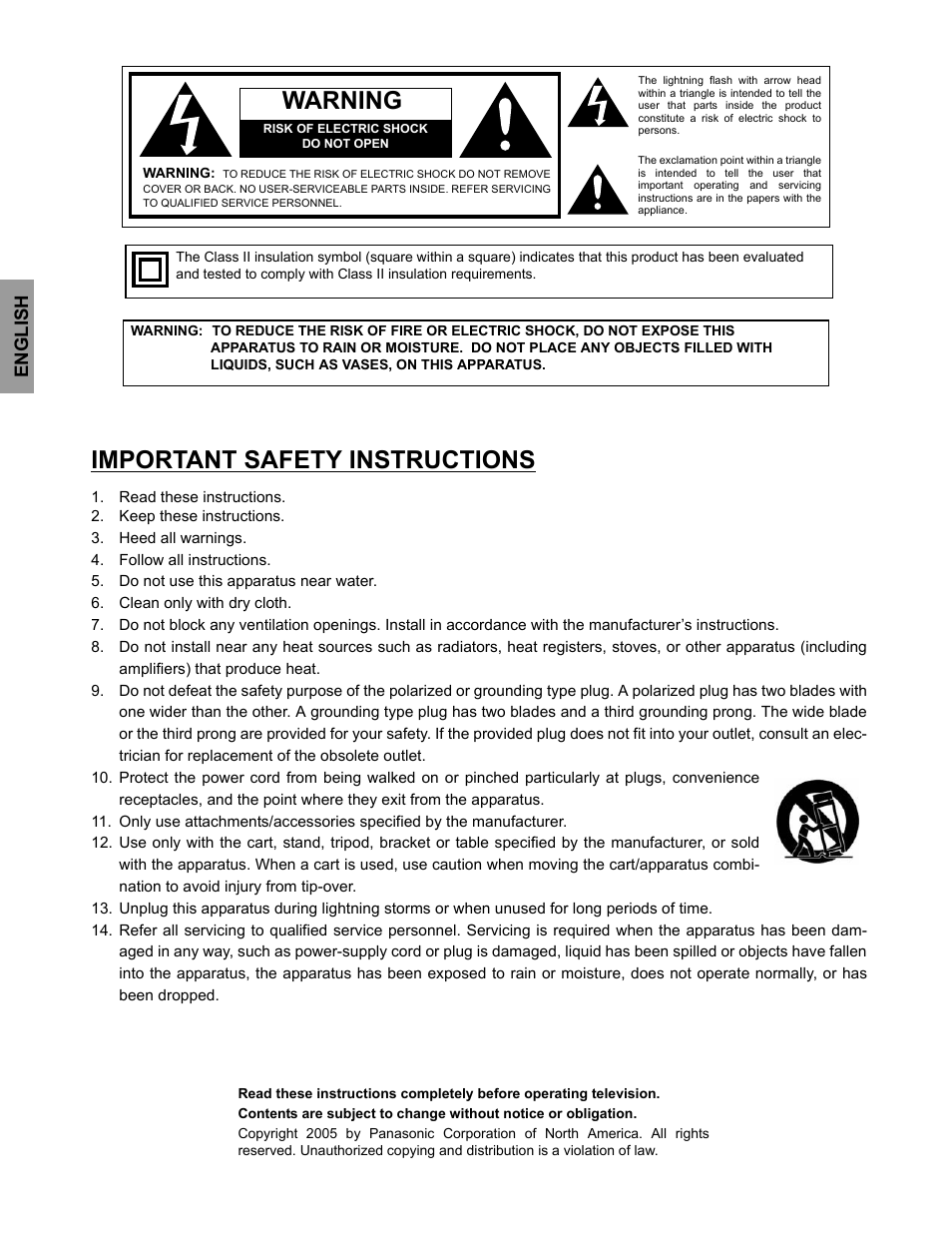 Warning, Important safety instructions, English | Panasonic CT-26WC15 User Manual | Page 2 / 64