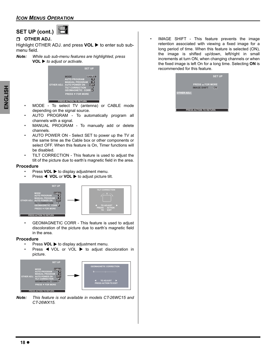 English set up (cont.), 18 z, Procedure | Enus, Peration | Panasonic CT-26WC15 User Manual | Page 20 / 64