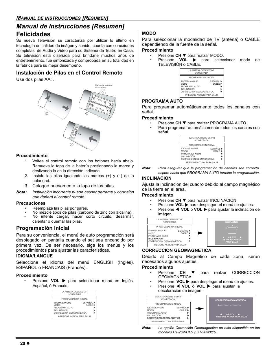 Manual de instrucciones (resumen), Felicidades, Instalacion de pilas en el control remoto | Programacion inicial, Manual de instrucciones [resumen] felicidades, Instalación de pilas en el control remoto, Programación inicial, 20 z, Use dos pilas aa, Procedimiento | Panasonic CT-26WC15 User Manual | Page 22 / 64