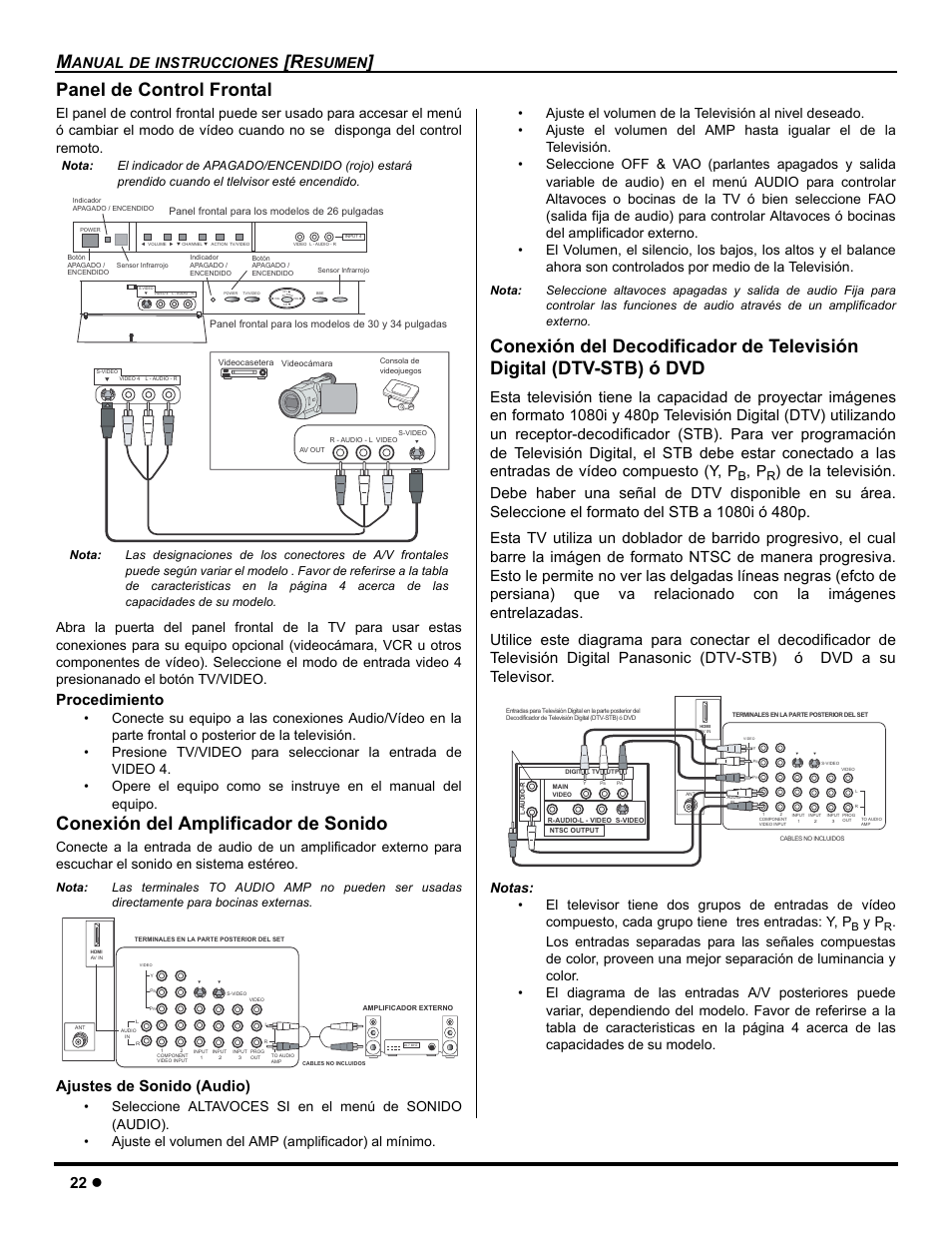 Panel de control frontal, Conexion del amplificador de sonido, Conexión del amplificador de sonido | 22 z, Procedimiento, Ajustes de sonido (audio), Anual de instrucciones, Esumen | Panasonic CT-26WC15 User Manual | Page 24 / 64