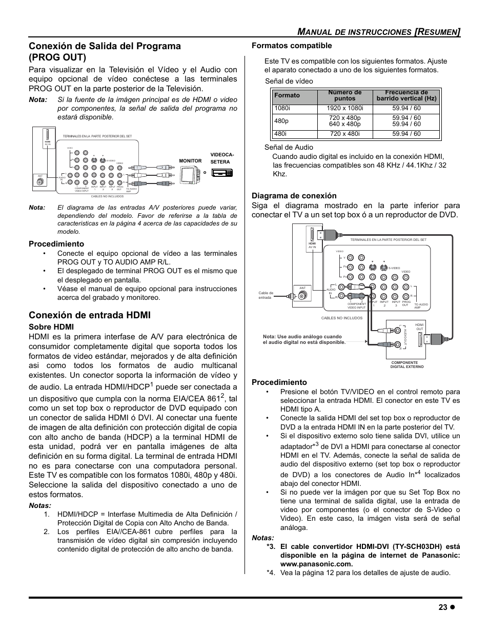 Conexion de salida del programa (prog out), Conexion de entrada hdmi, Conexión de salida del programa (prog out) | Conexión de entrada hdmi, 23 z, Procedimiento, Anual de instrucciones, Esumen | Panasonic CT-26WC15 User Manual | Page 25 / 64