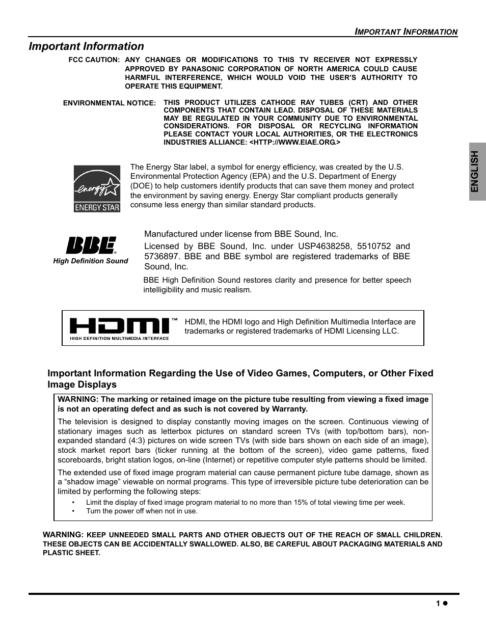 Important information | Panasonic CT-26WC15 User Manual | Page 3 / 64