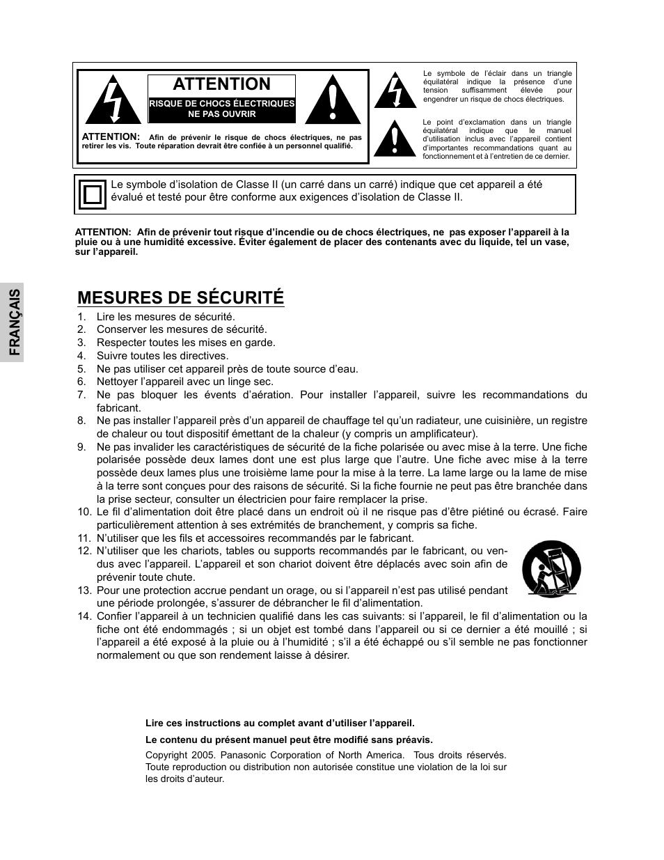 Attention, Mesures de sécurité, Français | Panasonic CT-26WC15 User Manual | Page 30 / 64